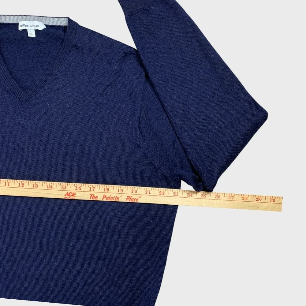 Peter Millar V-Neck‎ Sweater Mens L Navy Crown Soft Merino Silk Essential Knit